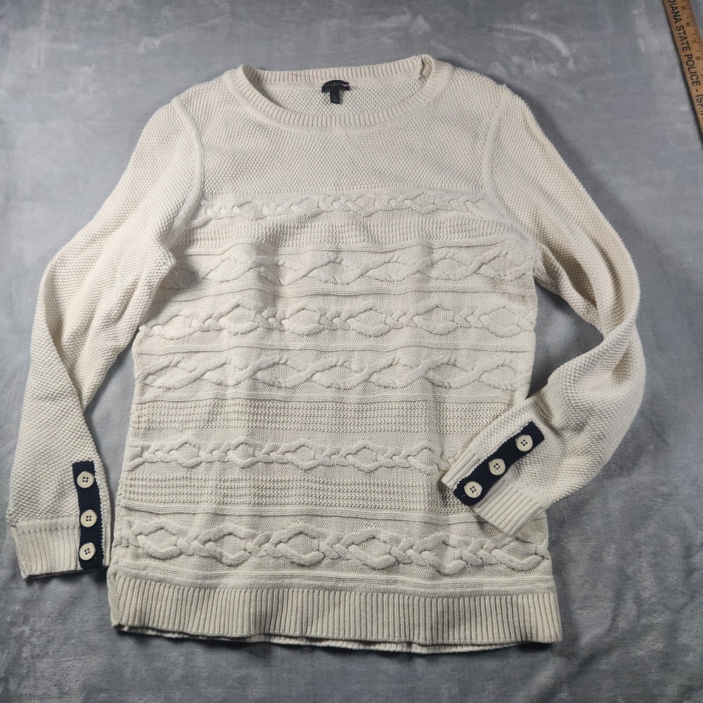 Talbots Cream Cable Knit Sweater‎  Navy Accent Button Sleeves XL